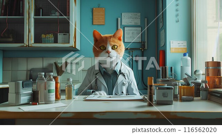 Veterinarian in a lab coat sits at a desk, examining a domestic cat with a stethoscope and syringe 116562020