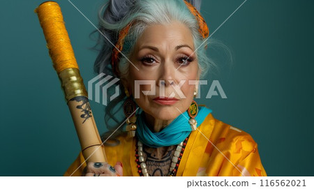 Cheerful elderly woman with blond hair and traditional clothing, smiling confidently in a studio shot 116562021