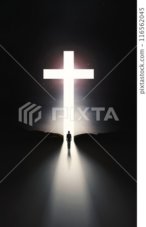 Christian, believer and heaven concept walking into the bright light of the cross symbolizing the death and resurrection of Jesus Christ 116562045