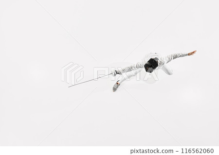 Nature of sport. View from above, fencer lunges with precision, his epee extended against white studio background. Nature of sport. View from above, fencer lunges with precision, his epee extended against white studio background. 116562060