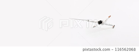 Banner. Aerial view of fencer training in motion his attacking skills against white studio background with negative space to insert text. Banner. Aerial view of fencer training in motion his attacking skills against white studio background with negative space to insert text. 116562068