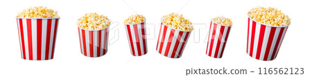 Set of paper striped bucket with popcorn isolated on white background 116562123