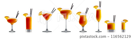 Set of cocktails with decoration from fruits isolated on white background Set of cocktails with decoration from fruits isolated on white background 116562129