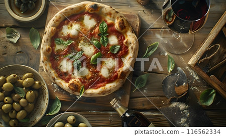 Italian food. Pizza traditional dish on the wooden table. 116562334
