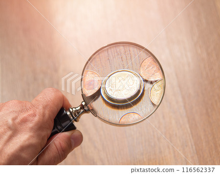 Hand Holding Magnifying Glass Over Coins 116562337