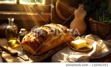 Homemade baked bread. Indoor flour, wheat, and loaf dough baking. 116562351