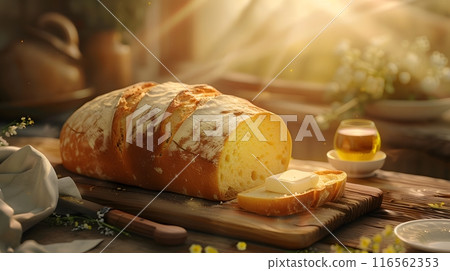 Homemade baked bread. Indoor flour, wheat, and loaf dough baking. 116562353