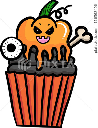 Evil pumpkin cupcake in Halloween illustration 116562406