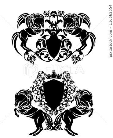 winged pegasus horses and rose flowers black and white vector heraldic shield set 116562554