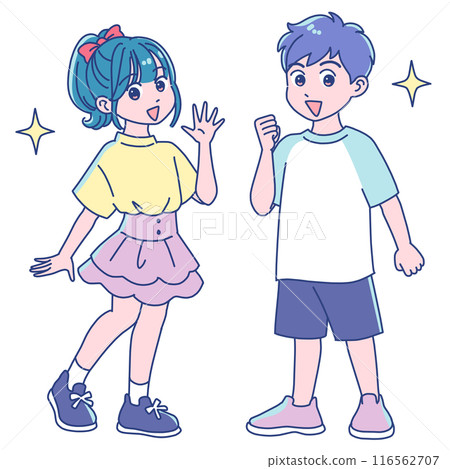 Elementary school girls and boys posing in a fist pump Elementary school girls and boys posing in a fist pump 116562707