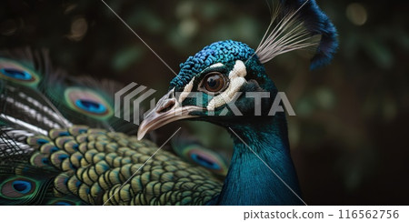 Close up photo of Peacock bird on forest background. Generative AI 116562756