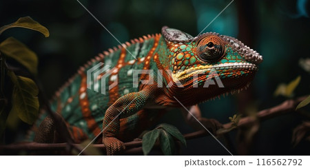 Colorful chameleon isolated on leaves background. Lizard on the green leaves. Generative AI 116562792