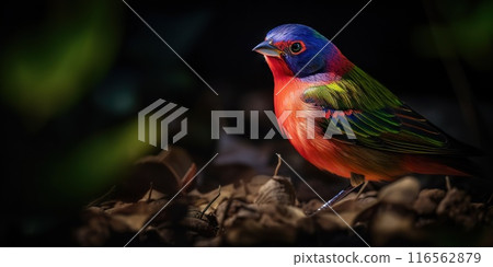 Close up shot of Painted bunting on a tree. Generative AI Close up shot of Painted bunting on a tree. Generative AI 116562879
