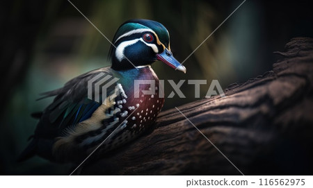 A wood duck bird portrait. Blurry background. Generative AI A wood duck bird portrait. Blurry background. Generative AI 116562975