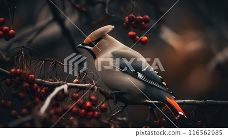 A Bohemian Waxwing bird stands on a tree branch. Generative AI A Bohemian Waxwing bird stands on a tree branch. Generative AI 116562985