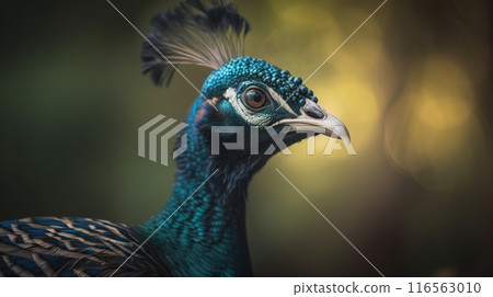 Close up photo of Peafowl bird on forest background. Generative AI 116563010
