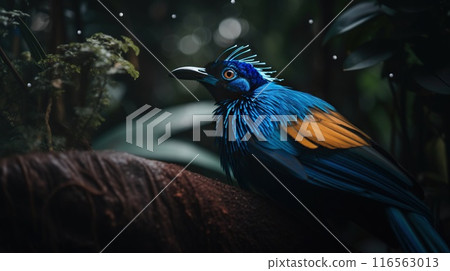 Blue Bird-of-Paradise close up with plants background. Generative AI 116563013