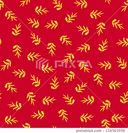 Seamless pattern Golden leaves branches Red scarlet background Spring blossom Simple burgundy ornament template banner poster textile fabric Vector illustration 116563036