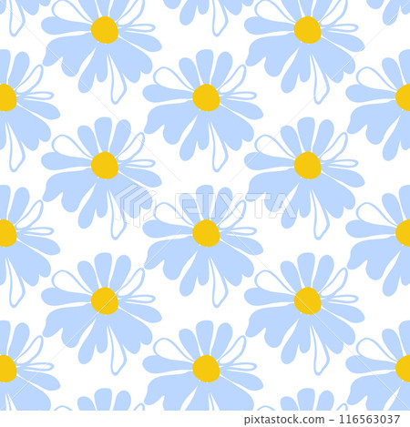 Spring seamless pattern rows blue meadow daisies white Summer template Blooming wildflower ditsy ornament wrapping fabric wallpaper textile mosaic vector 116563037