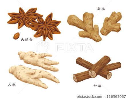 Chinese herbal medicine: 4 types of herbs (fennel, dried ginger, ginseng, licorice) Chinese herbal medicine: 4 types of herbs (fennel, dried ginger, ginseng, licorice) 116563067