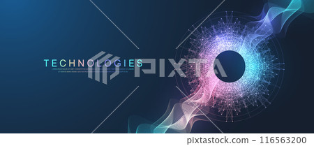 Scientific vector illustration quantum computer technology. Plexus fiction effect. Deep learning artificial intelligence. Big data algorithms visualization. Quantum explosion background. 116563200
