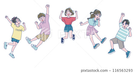 Elementary school boys and girls jumping energetically Elementary school boys and girls jumping energetically 116563293