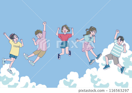 一個男孩和一個女孩微笑著揮舞著拳頭 116563297