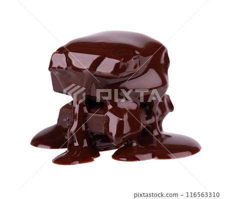 Chocolate pieces stack and chocolate syrup isolated on white background. Close up. Chocolate pieces stack and chocolate syrup isolated on white background. Close up. 116563310