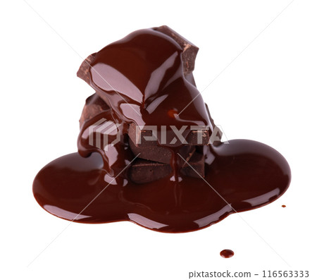 Chocolate pieces stack and chocolate syrup isolated on white background. Close up. 116563333