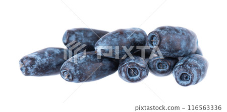 Honeysuckle isolated on white background. Fresh honeysuckle blue berry fruits. Clipping path. 116563336
