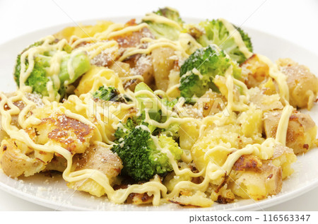 Baked potatoes and broccoli with mayonnaise 116563347