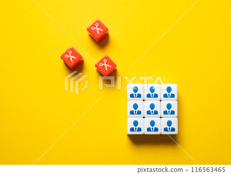 Coming mass layoffs. Scissors of worker cuts fly to staff, concept. Reduction of working personnel. Optimization and cost reduction. Layoffs. Coming mass layoffs. Scissors of worker cuts fly to staff, concept. Reduction of working personnel. Optimization and cost reduction. Layoffs. 116563465