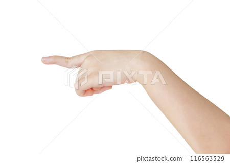 Kid hand touching or pointing to something isolated on white background Kid hand touching or pointing to something isolated on white background 116563529