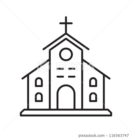 Church building flat line icon with a simple, modern line design, suitable for web and print use. Vector illustration. Church building flat line icon with a simple, modern line design, suitable for web and print use. Vector illustration. 116563747