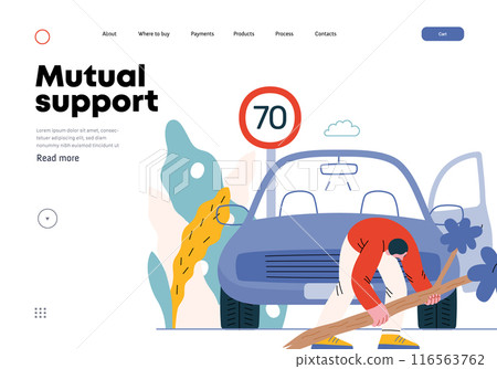 Mutual Support: Clearing an obstacle from the way -modern flat vector concept illustration of a man removing a fallen branch from the road A metaphor of voluntary, collaborative exchanges of services 116563762