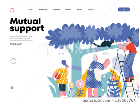 Mutual Support: Rescue cat from tree -modern flat vector concept illustration of elderly woman and man on a ladder under the tree Metaphor of voluntary, collaborative exchanges of resource, services 116563764