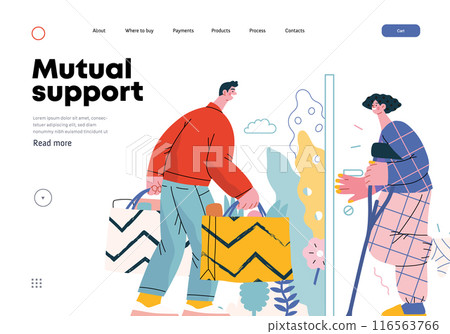 Mutual Support Buying groceries for ill neighbor -modern flat vector concept illustration of man carrying shopping bags for woman on crutches Metaphor of voluntary, collaborative exchanges of services 116563766