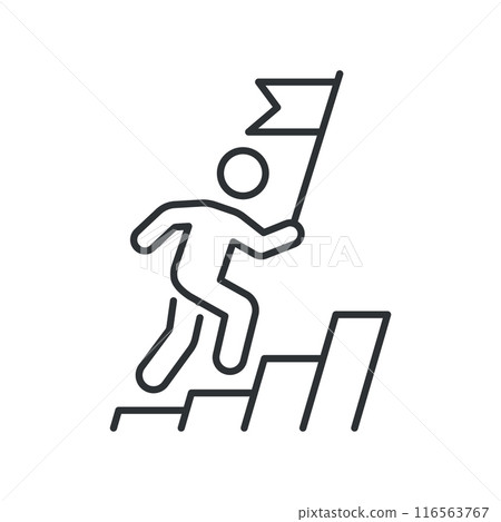 Icon of a figure climbing stairs with a flag, representing personal achievement and goal setting. Vector illustration. 116563767