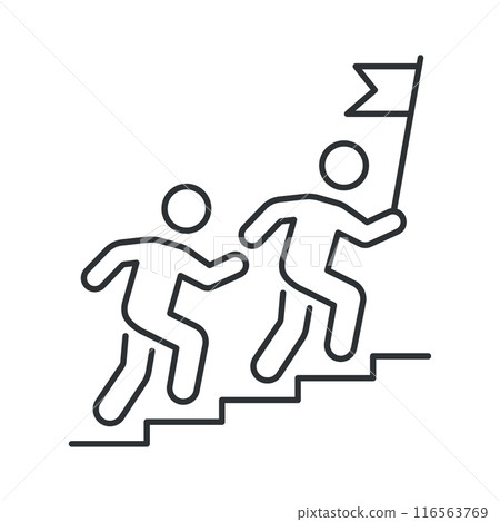 Icon showing two figures running up stairs with a flag, symbolizing teamwork and achievement. Vector illustration. 116563769