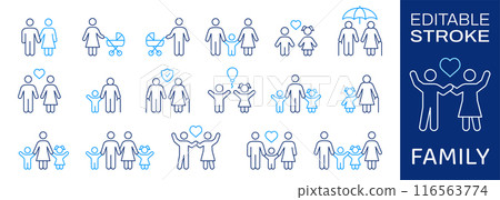 Family icon set. Collection newlyweds, parent, couple, people and more. Vector illustration isolated on white. Editable stroke. 116563774