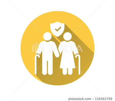 Senior safety and protection icon, vector flat design with long shadow. Features an elderly couple safeguarded by a shield with a checkmark, set inside a yellow circle 116563789