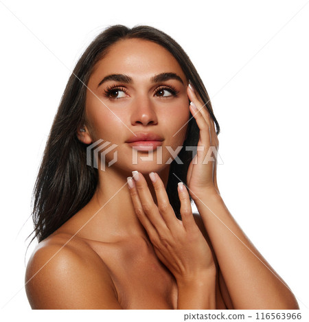 Portrait of beautiful woman with brown hair, plump lips and well-kept spotless tanned skin isolated on white background 116563966