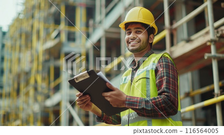 South Asian Construction Worker Smiling, Wearing a Hard Hat and Reflective Vest, Holding Clipboard at Construction Site 116564005