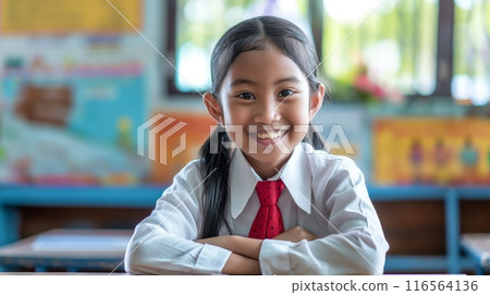 Indonesian elementary school girl smiling in classroom, educational backdrop, diverse portrait, school uniform, back to school theme Indonesian elementary school girl smiling in classroom, educational backdrop, diverse portrait, school uniform, back to school theme 116564136