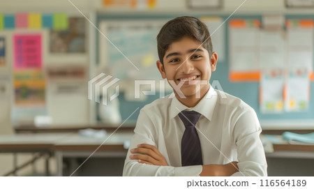 Pakistani High School Male Student in Classroom, Education Success, Youth, Diversity, Learning Environment, Stock Photo 116564189