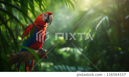 In the jungle, a vibrant parrot sits on a tree branch 116564337