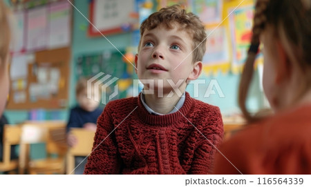Curious Young Boy with Hearing Impairment Using Sign Language in a Colorful Classroom Setting 116564339