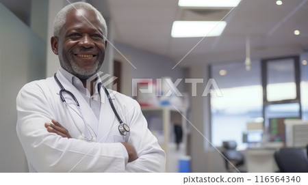 Happy African Elderly Male Doctor in Modern Clinic, Arms Crossed in Professional Medical Setting 116564340