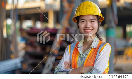 Confident Young Thai Female Construction Worker in Safety Gear and Hard Hat at Job Site Outdoors 116564371