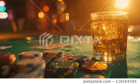 Poker Night Ambiance with Whiskey and Poker Chips on Green Felt Table in Dimly Lit Room 116564385